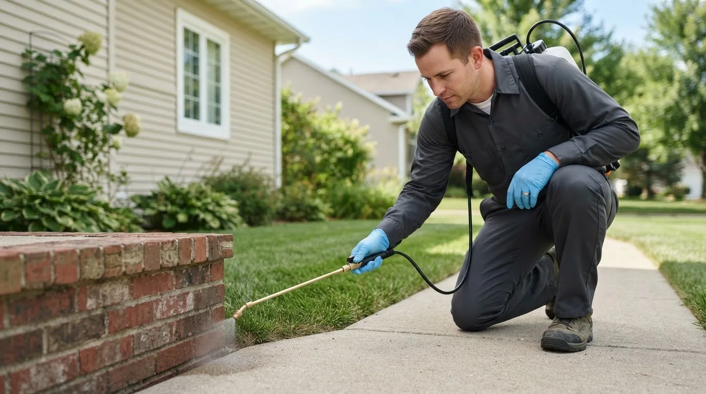 Pest control technician treating a home near Adamsville, PA