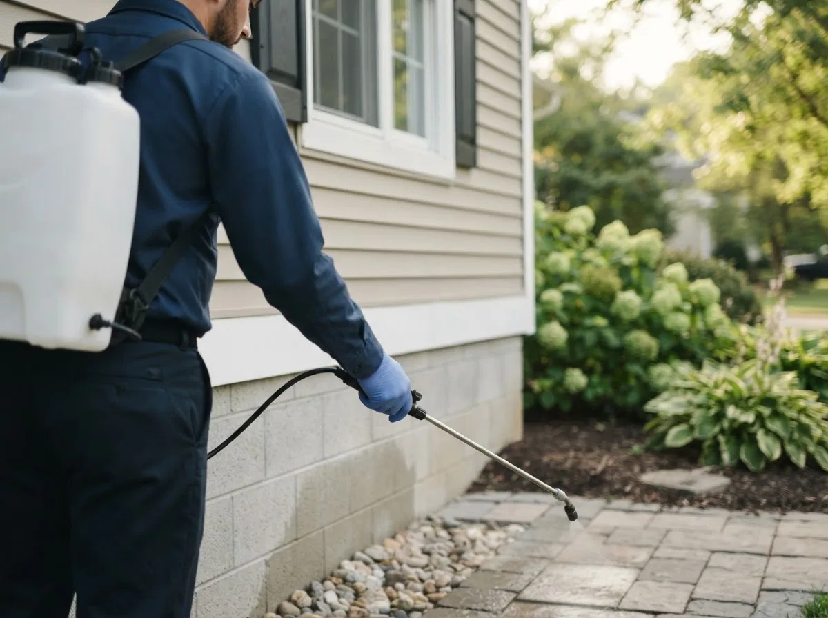 Pest control technician inspecting a home in Adamsville, PA